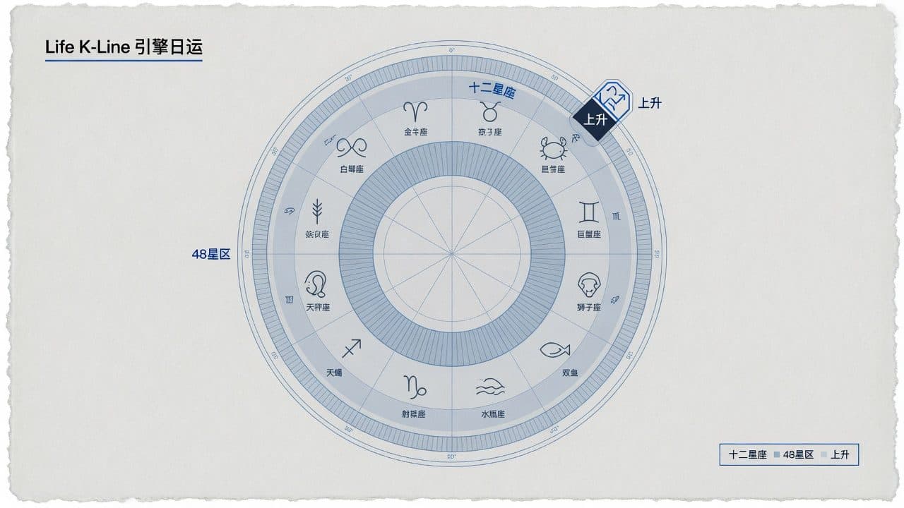 人生K线星座板块总览：十二星座、48星区与上升层级图