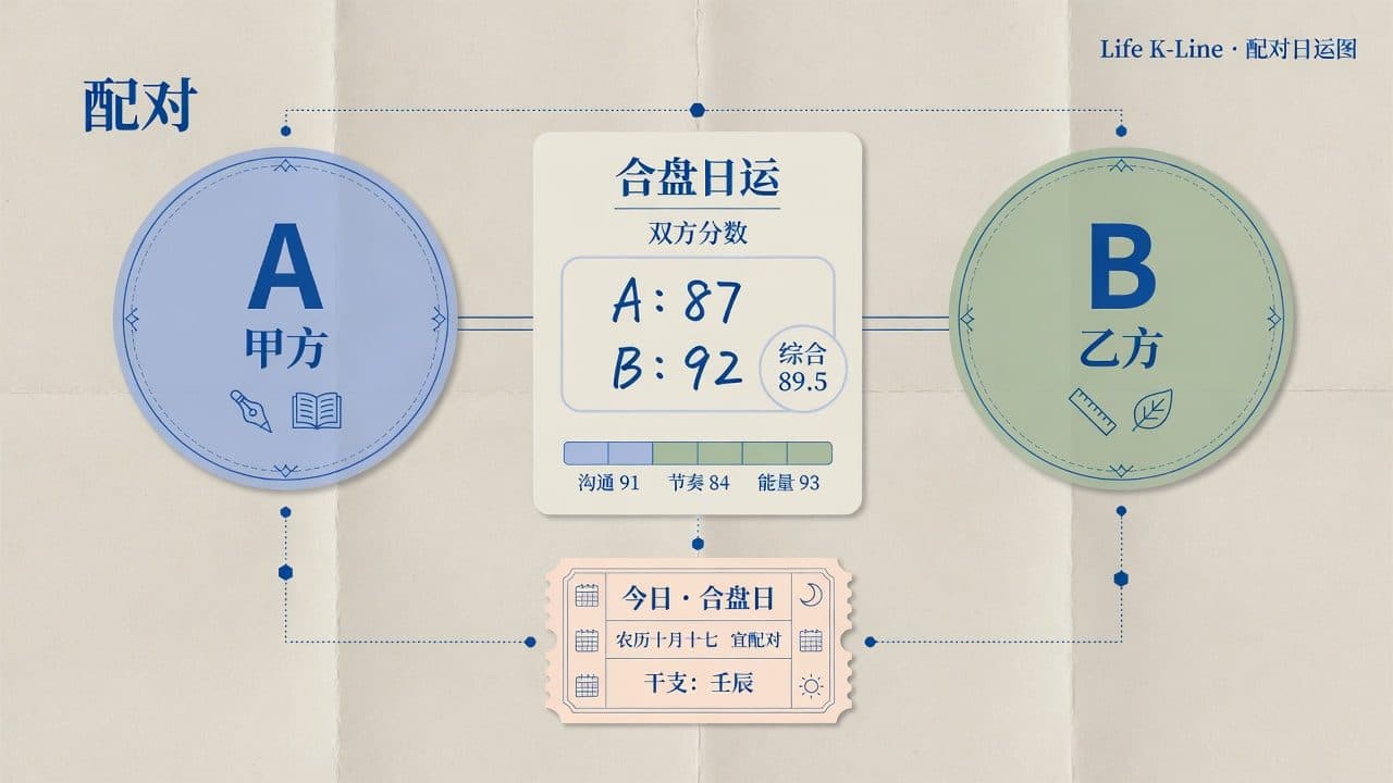 星座配对合盘日运示意图：双方分数与合盘日