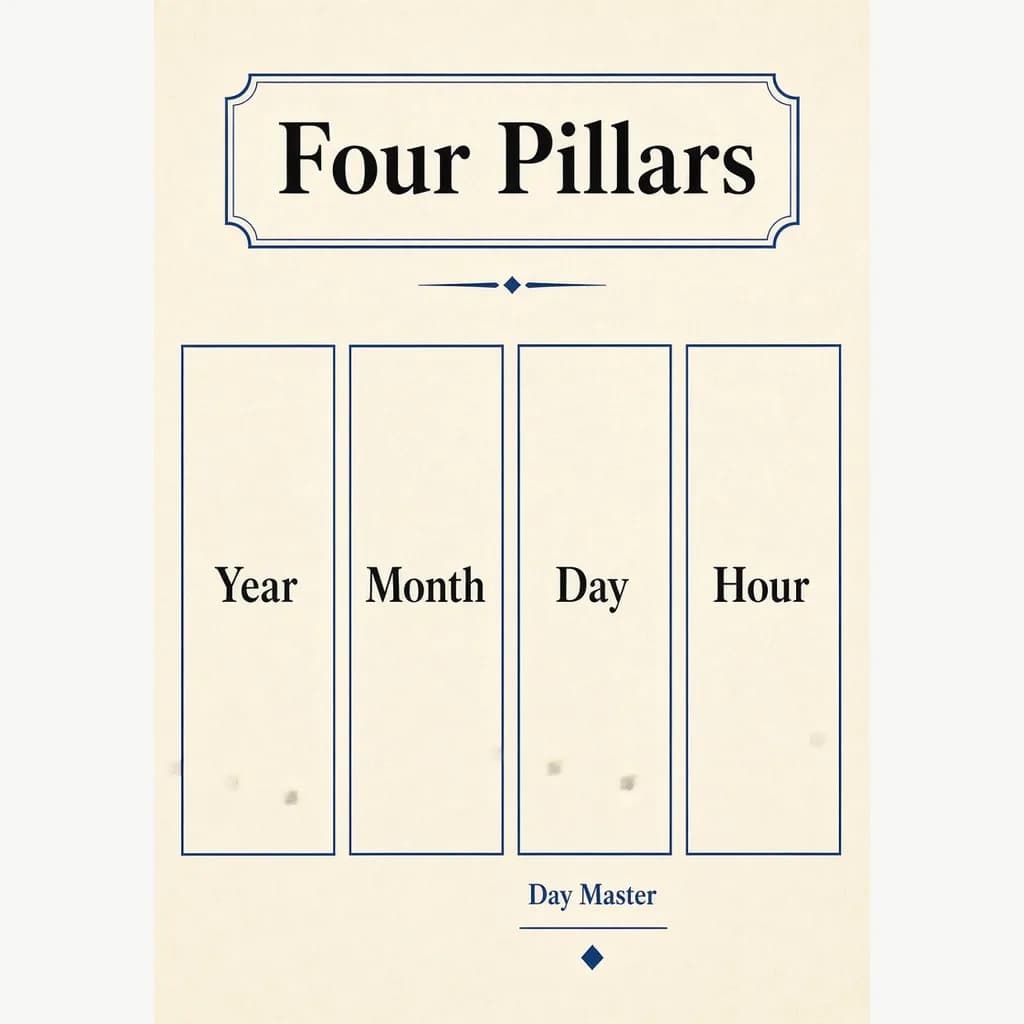 Educational Bazi four pillars diagram: Year Month Day Hour with Day Master on the day pillar