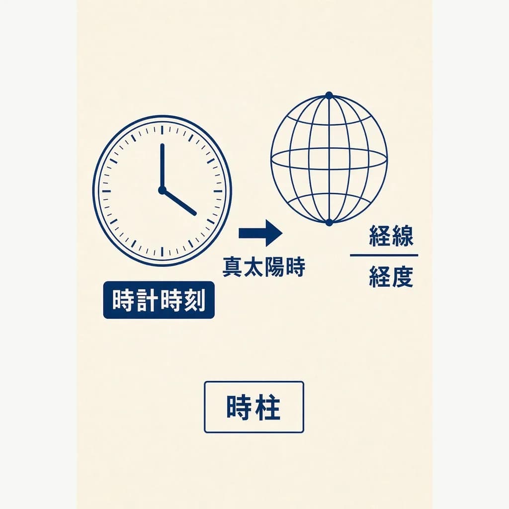 真太陽時の図解。時計時刻、出生地の経度、時柱の補正