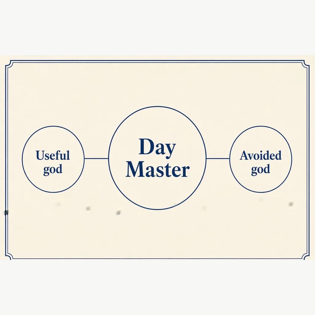 Bazi useful god diagram: Day Master in the center with Useful god and Avoided god nodes