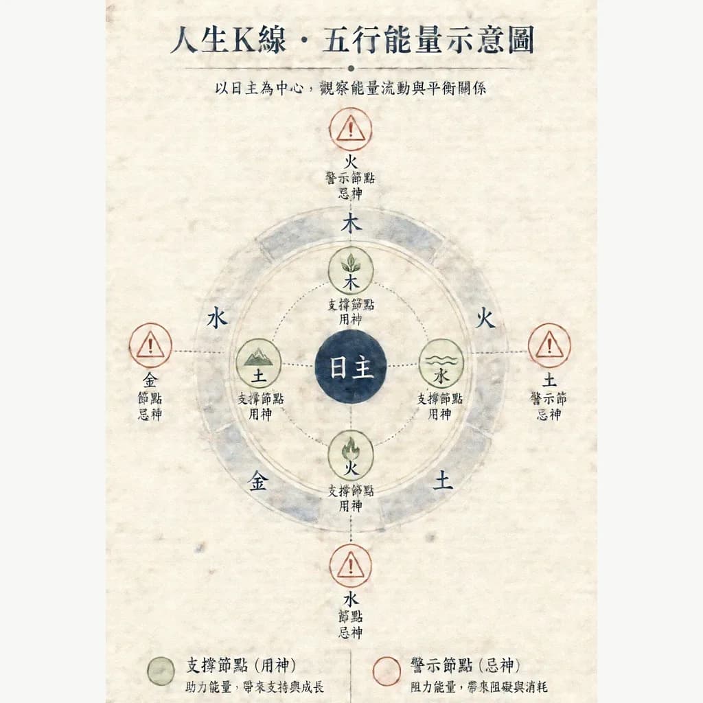 八字用神教學圖：中心日主，旁為用神與忌神