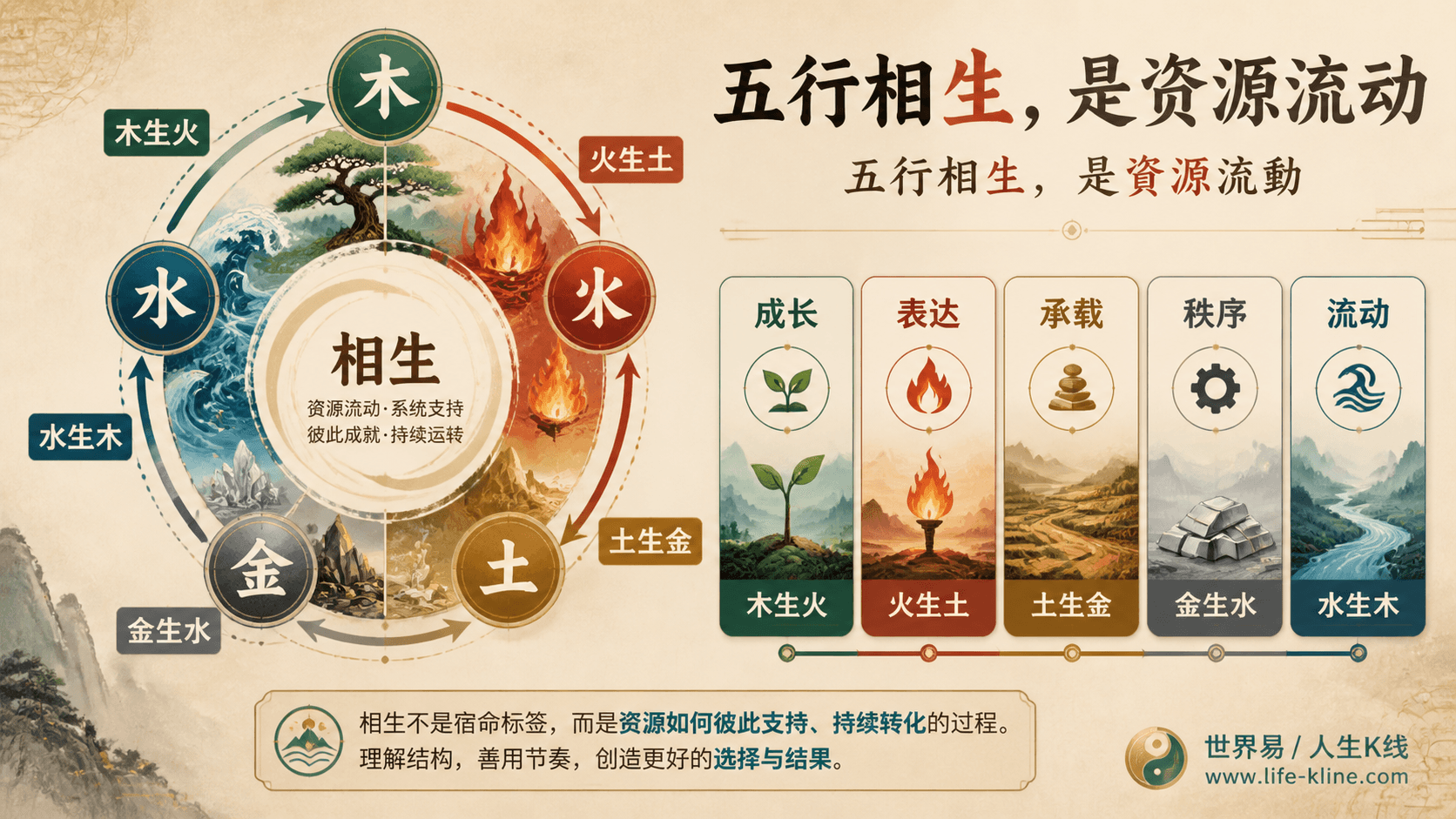 五行相生图展示木生火火生土土生金金生水水生木资源流动