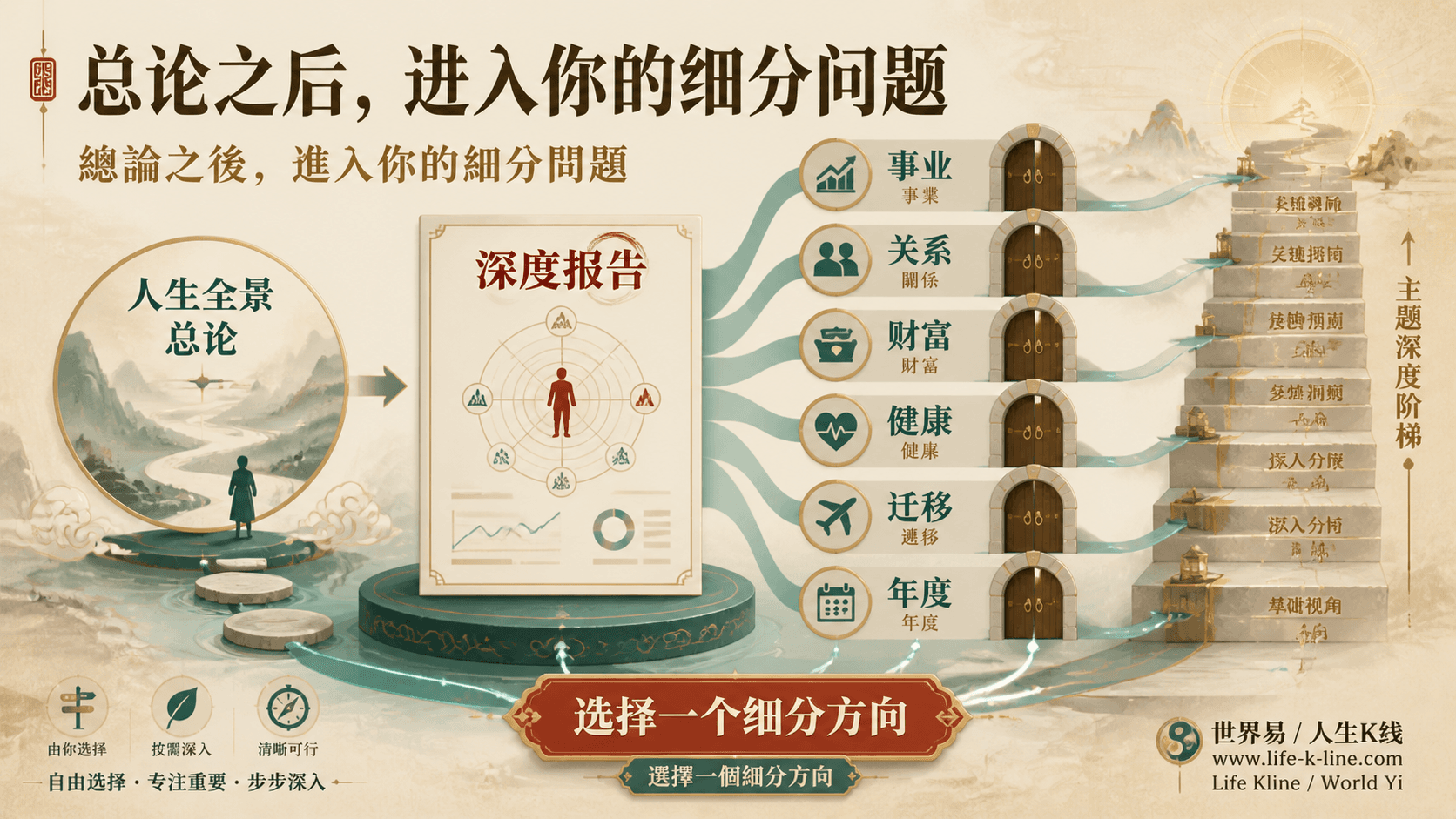 人生K线深入报告通向事业关系财富健康迁移年度等细分报告的层级地图