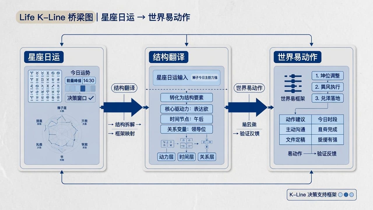 从星座日运到世界易结构动作的三步桥接示意图