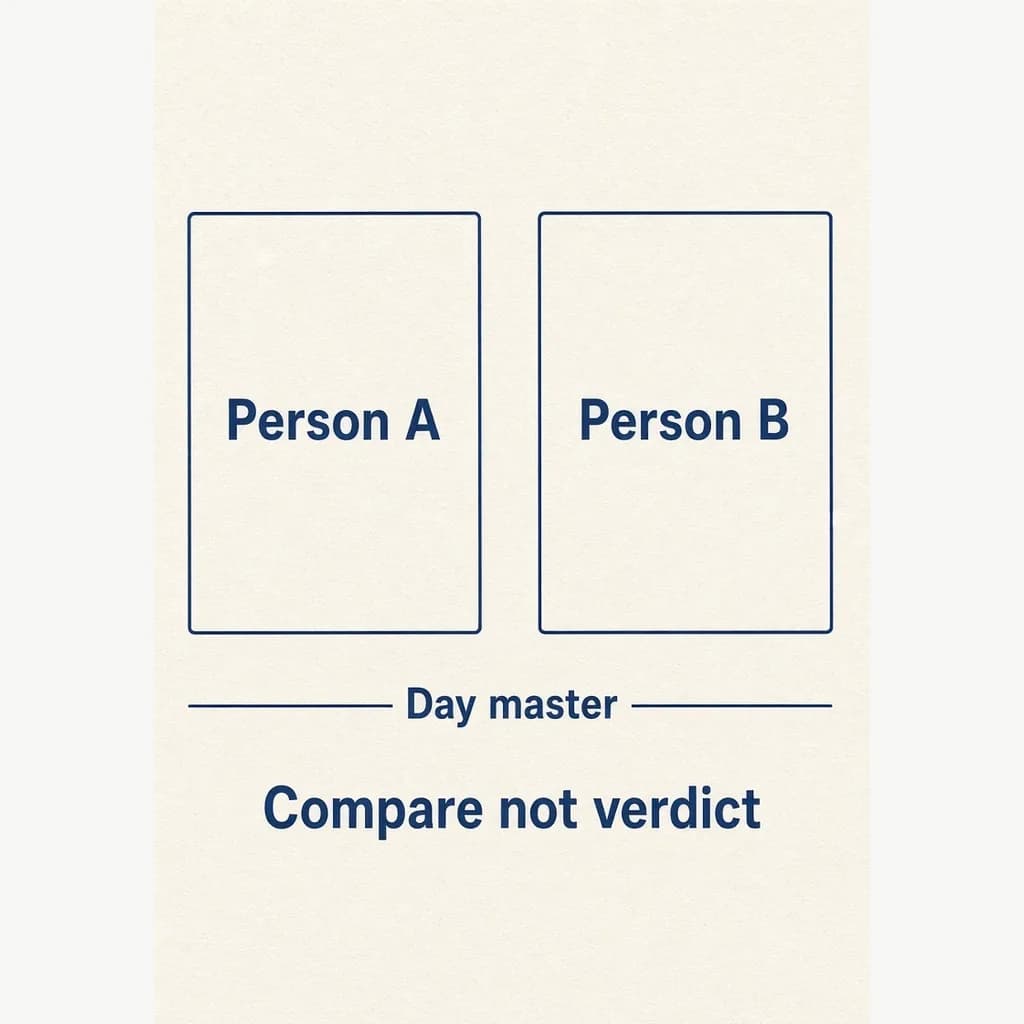 Bazi marriage dual-chart diagram: two people compared by day master and useful-god balance