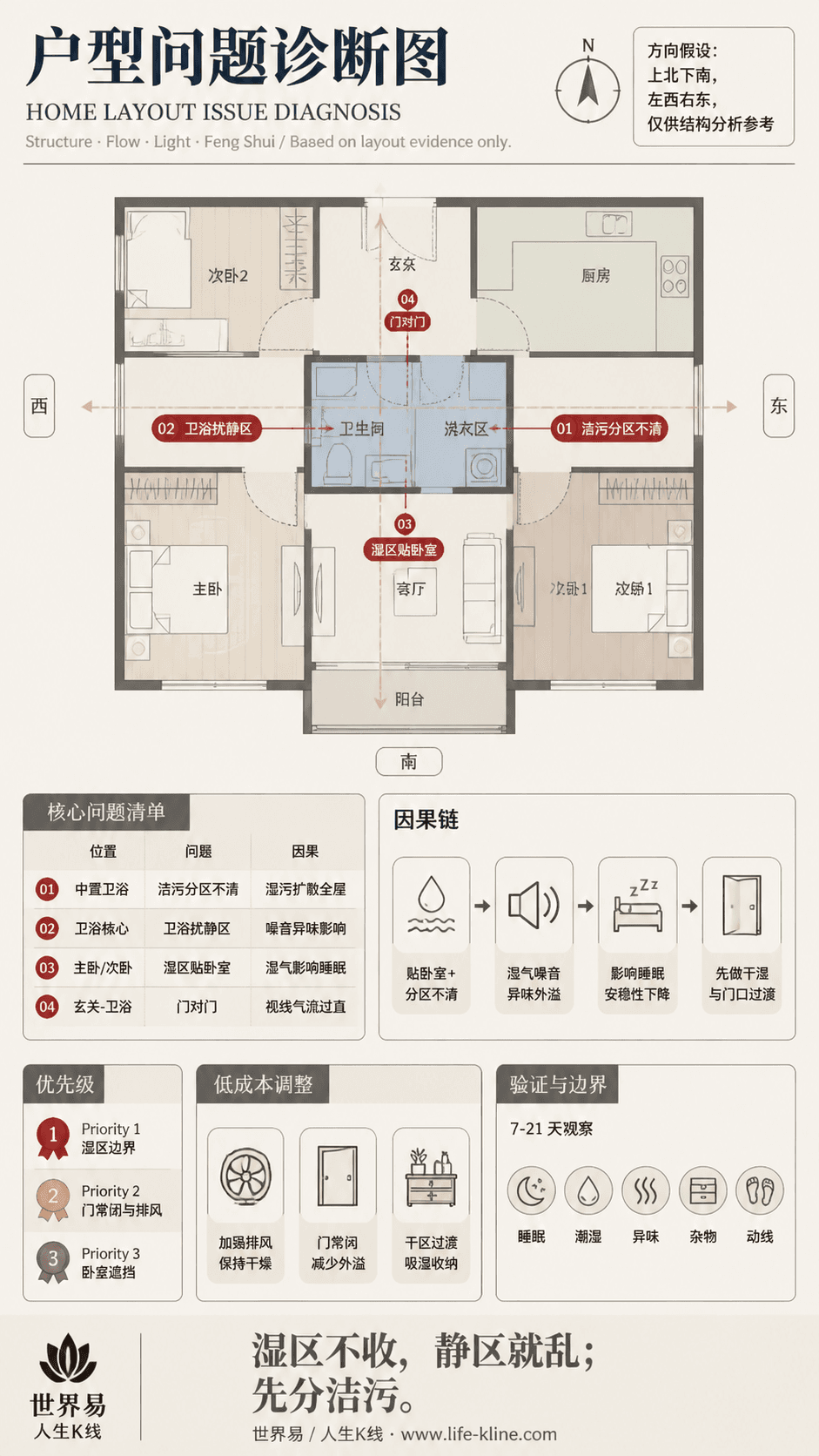 中置卫浴核心公寓卫浴扰静区户型问题诊断信息图,包含方向假设、问题标注、因果链、优先级和低成本调整。