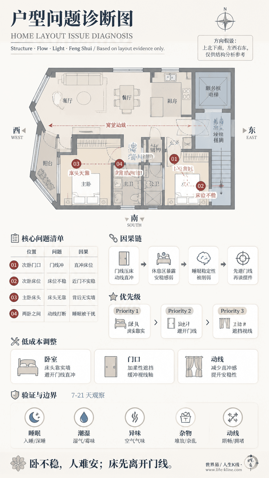 转角窗公寓户型卧室门线冲户型问题诊断信息图,包含方向假设、问题标注、因果链、优先级和低成本调整。
