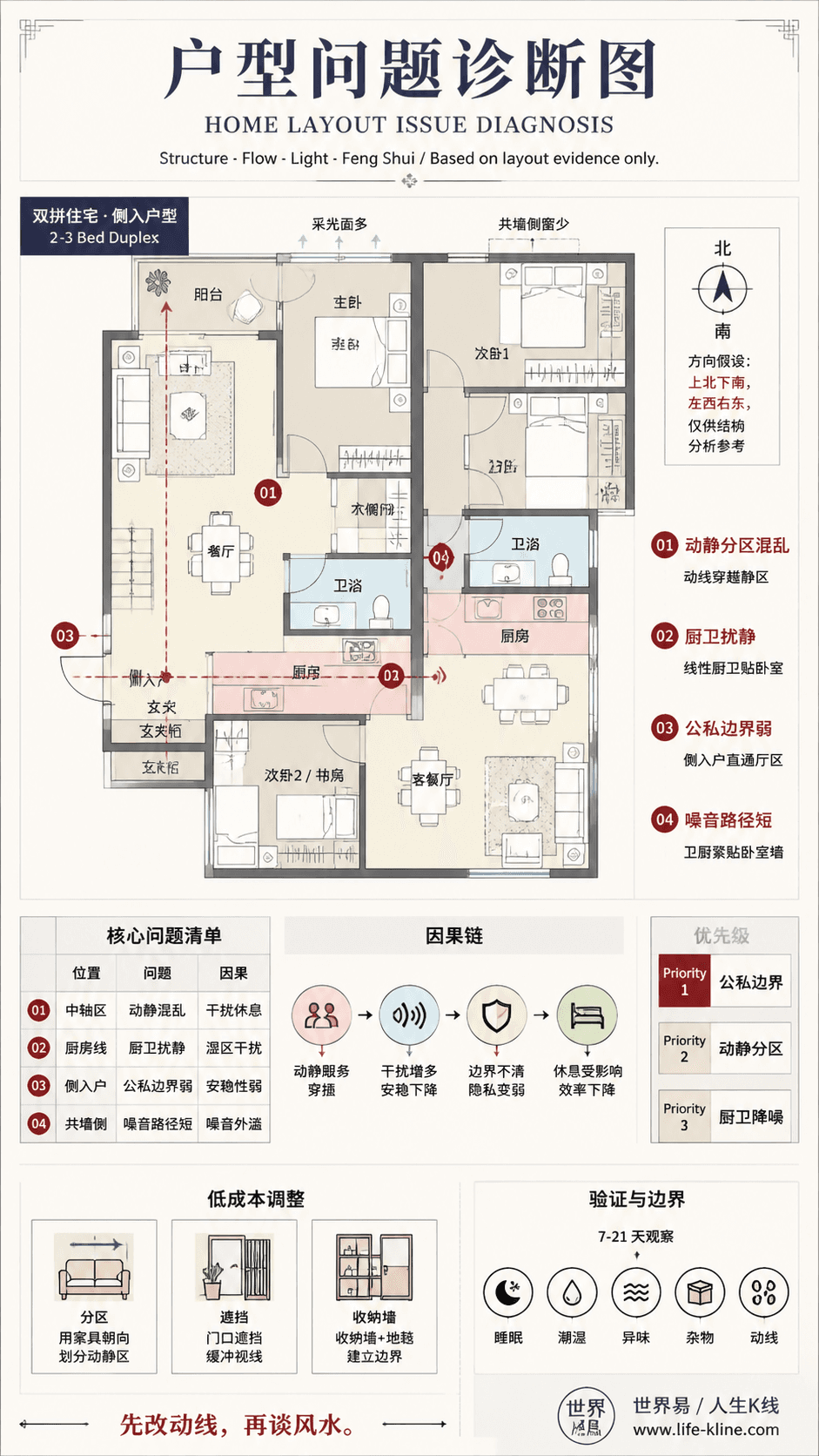 双拼住宅侧入户型动静分区混乱户型问题诊断信息图,包含方向假设、问题标注、因果链、优先级和低成本调整。