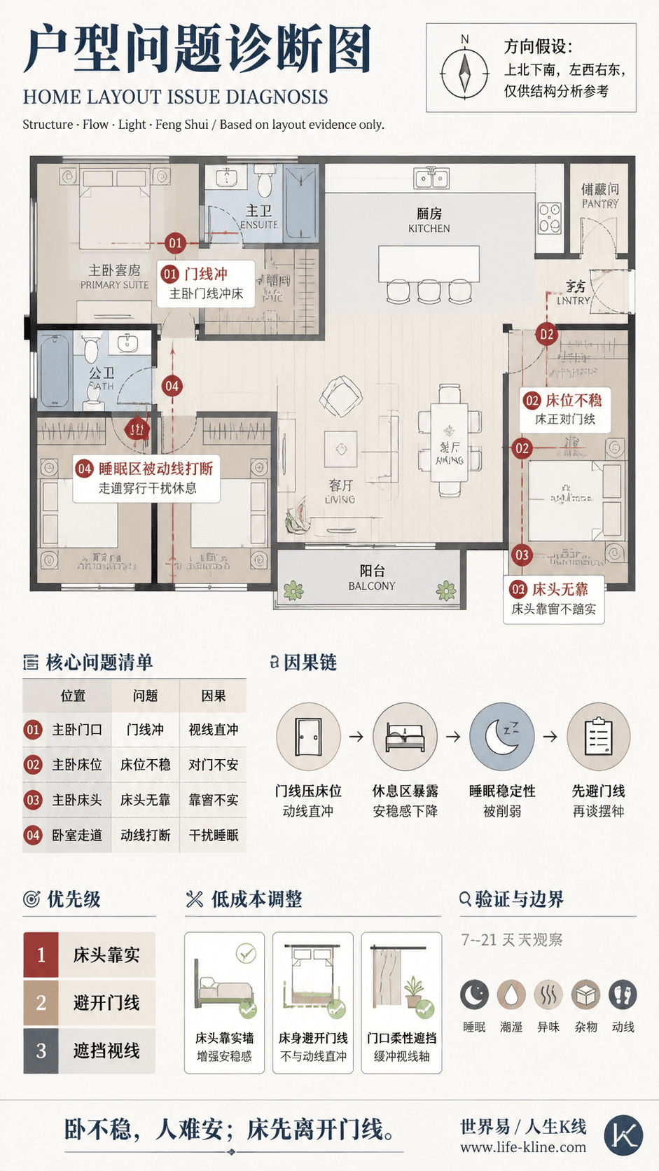 三房主套房户型卧室门线冲户型问题诊断信息图,包含方向假设、问题标注、因果链、优先级和低成本调整。