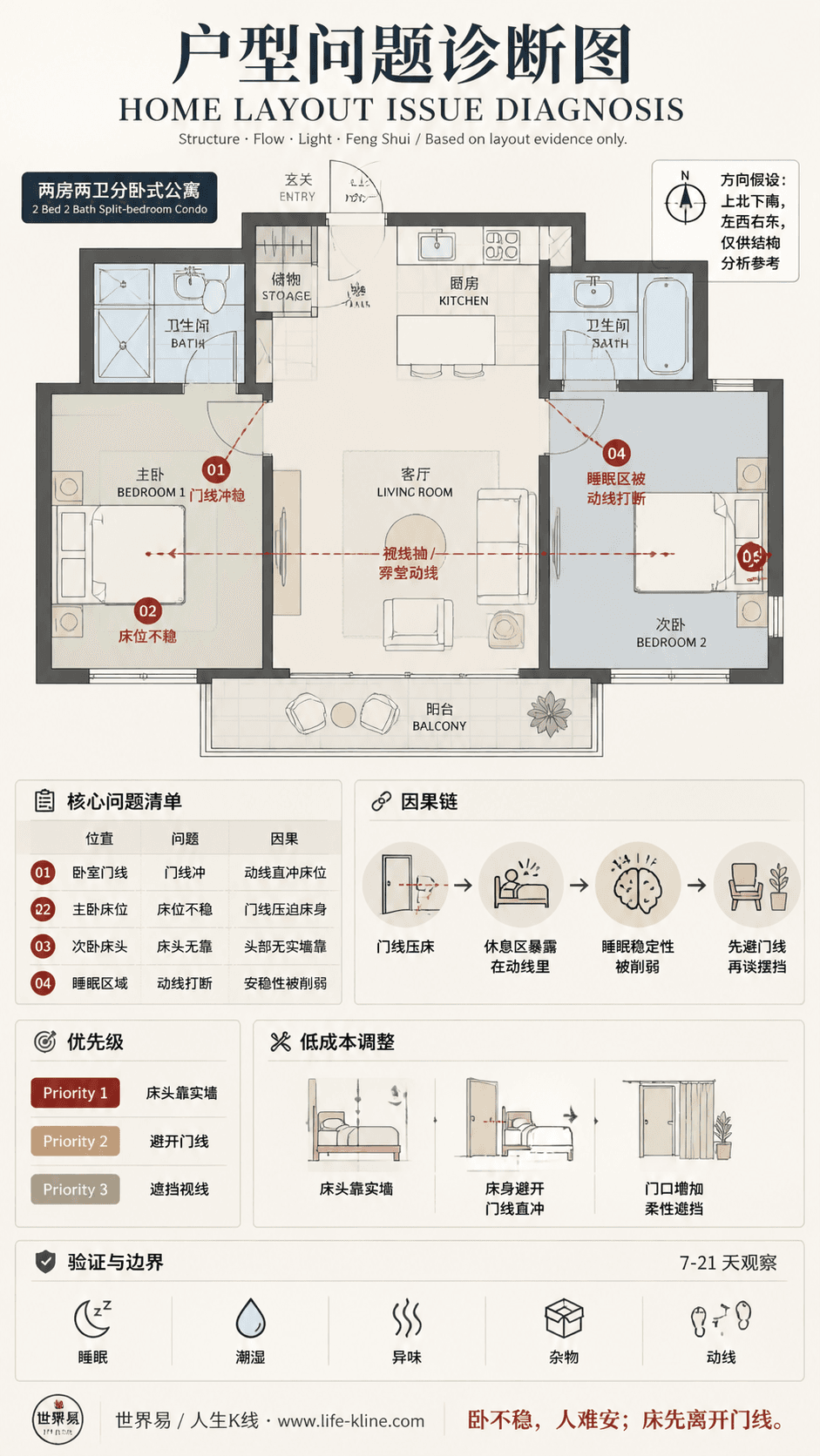两房分卧式公寓卧室门线冲户型问题诊断信息图,包含方向假设、问题标注、因果链、优先级和低成本调整。