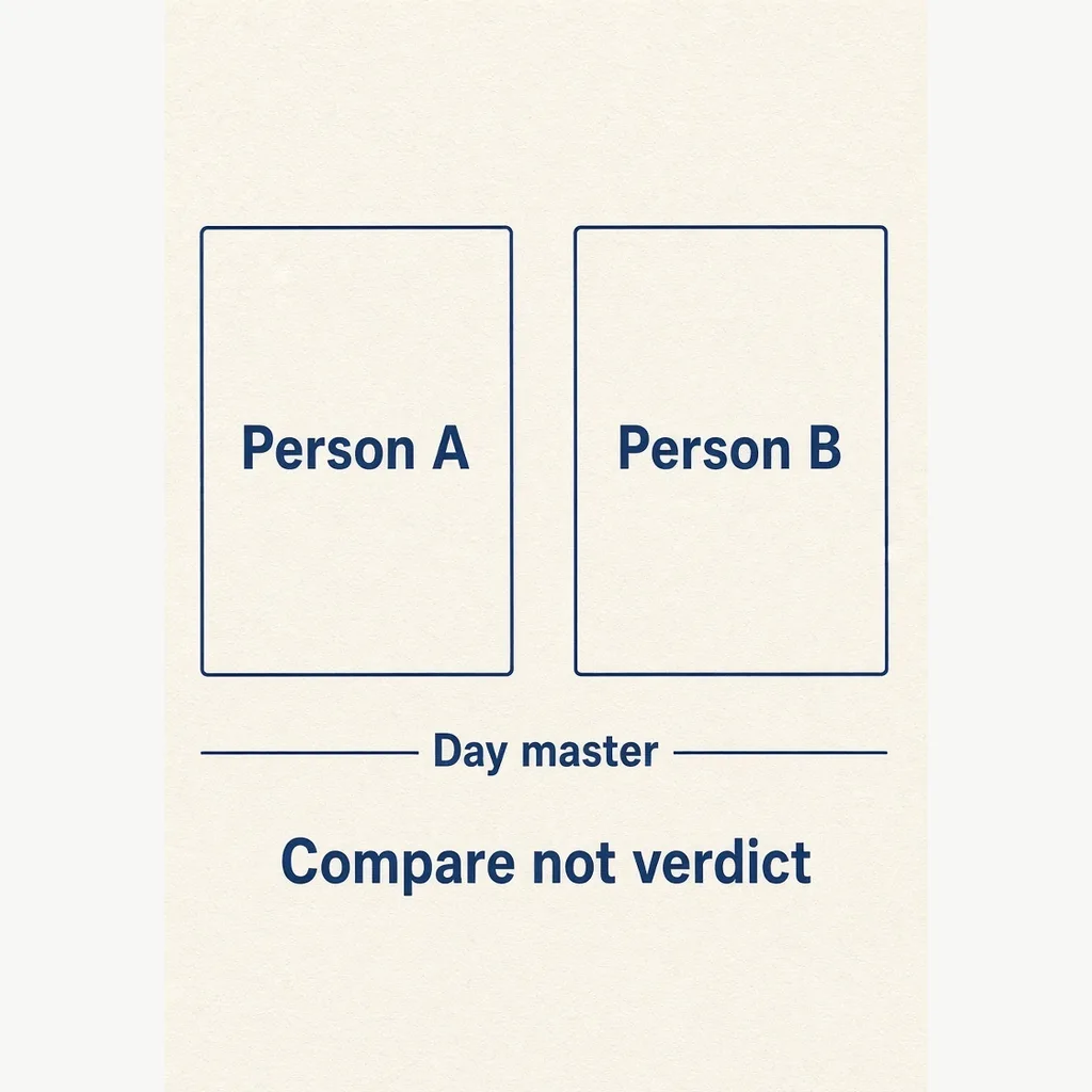 Bazi marriage dual-chart diagram: two people compared by day master and useful-god balance