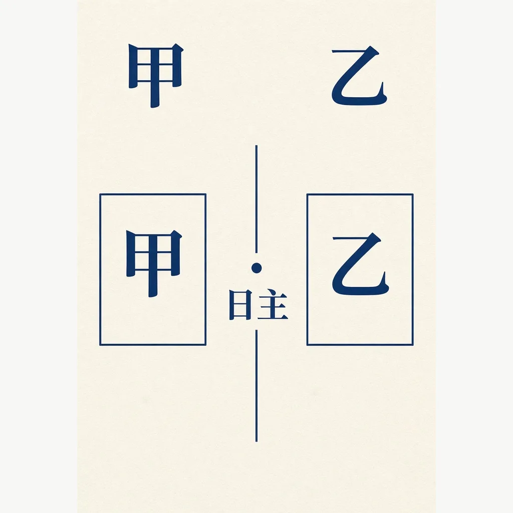 合婚の図解。甲乙の命式を並べ、日主と用神を対照する