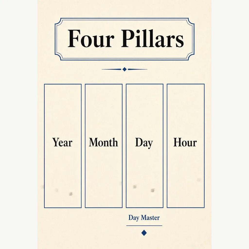 Educational Bazi four pillars diagram: Year Month Day Hour with Day Master on the day pillar