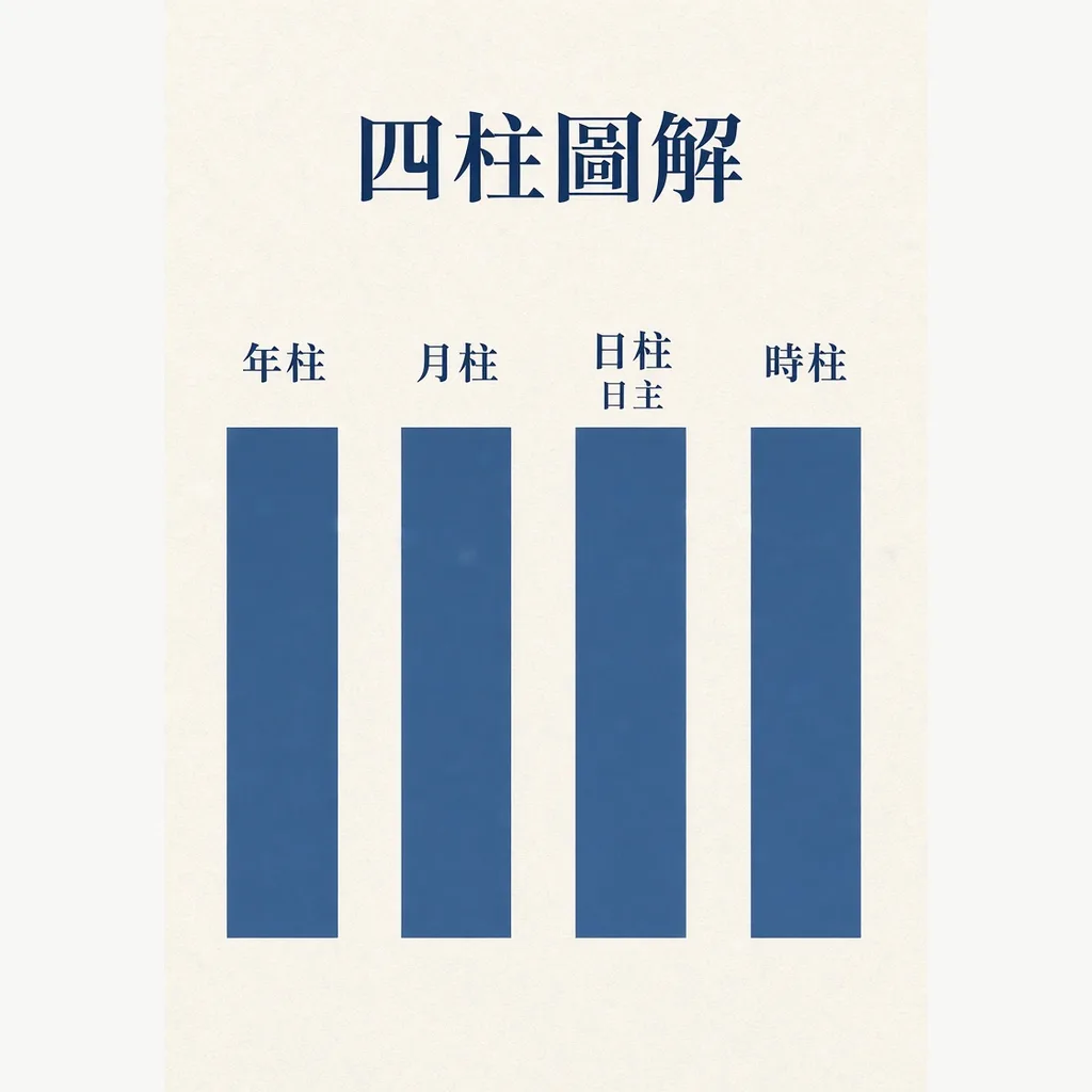 八字四柱教學圖:年柱月柱日柱時柱,日主標在日柱