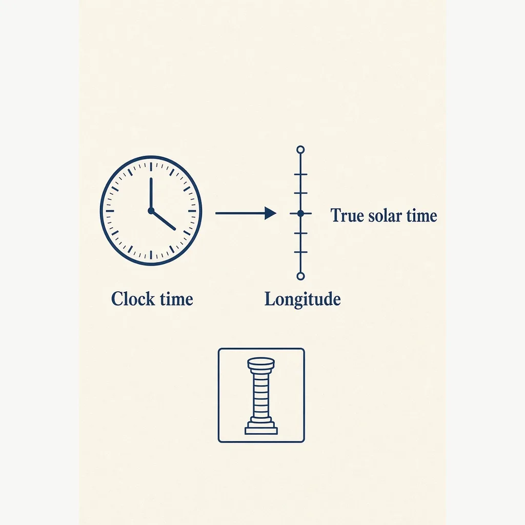 True solar time diagram: clock time, birth-place longitude, and hour-pillar correction