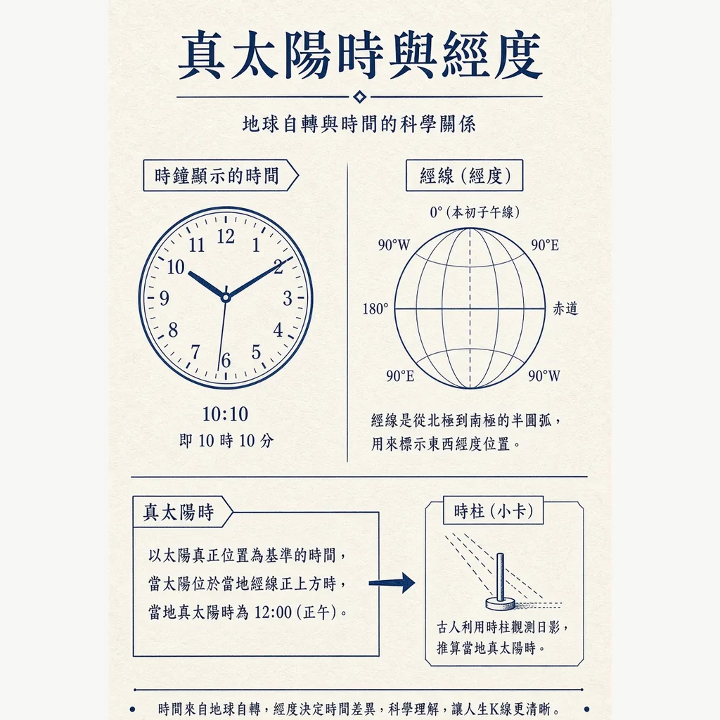 真太陽時圖解:鐘表時間、出生地經度、時柱校正