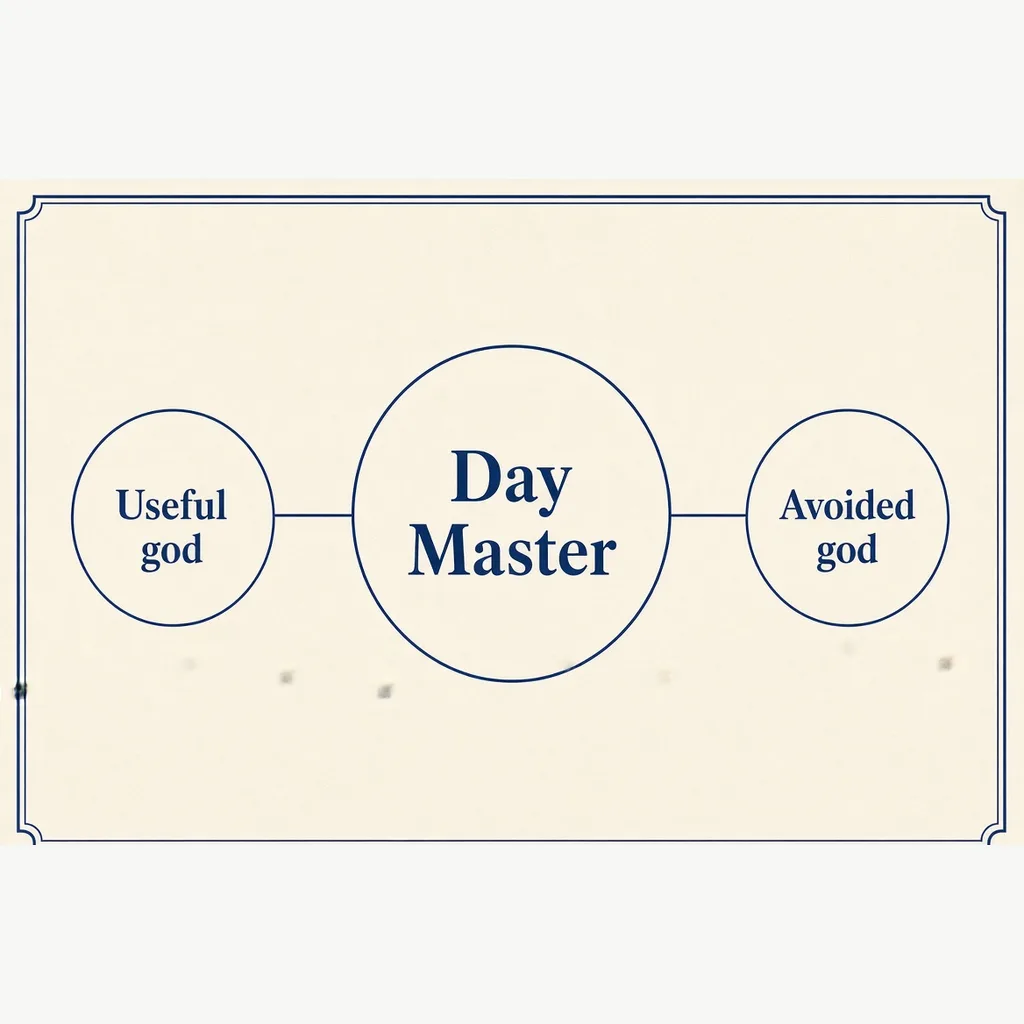 Bazi useful god diagram: Day Master in the center with Useful god and Avoided god nodes