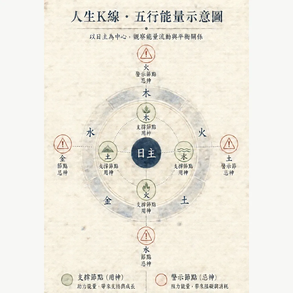 八字用神教學圖:中心日主,旁為用神與忌神