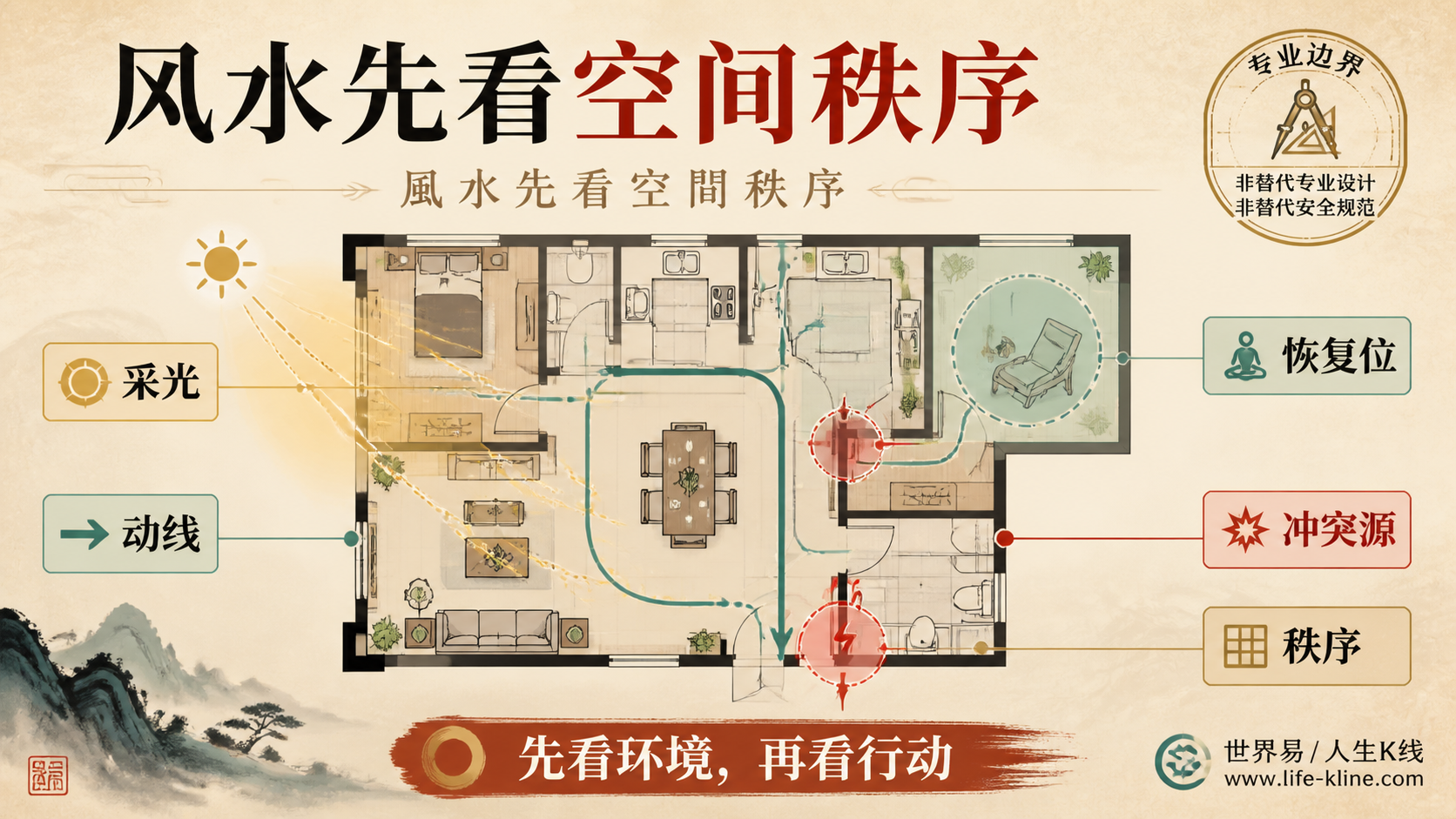 风水空间秩序图说明动线采光恢复位冲突源和环境秩序