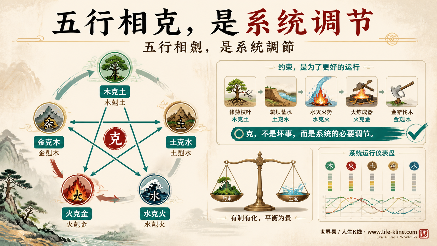 五行相克图展示木克土土克水水克火火克金金克木系统调节